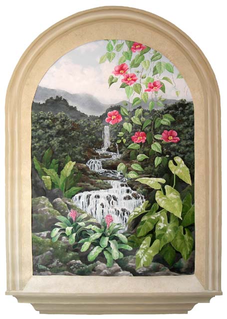 Waterfall through an arched window